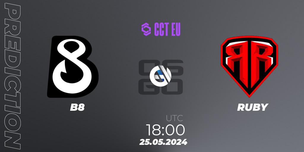 B8 contre RUBY : prédiction de match. 25.05.2024 at 18:55. Counter-Strike (CS2), CCT Season 2 Europe Series 4