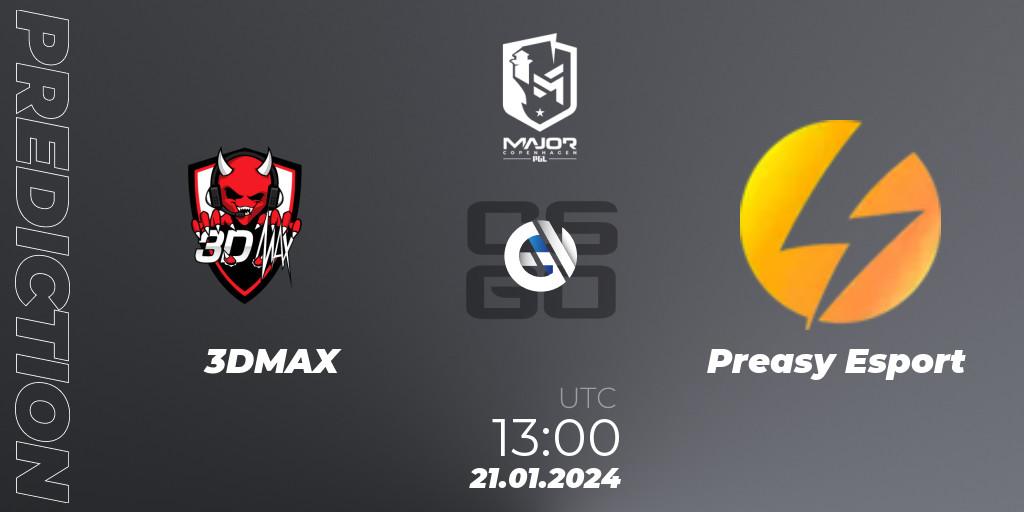 3DMAX contre Preasy Esport : prédiction de match. 21.01.2024 at 13:00. Counter-Strike (CS2), PGL CS2 Major Copenhagen 2024 Europe RMR Decider Qualifier