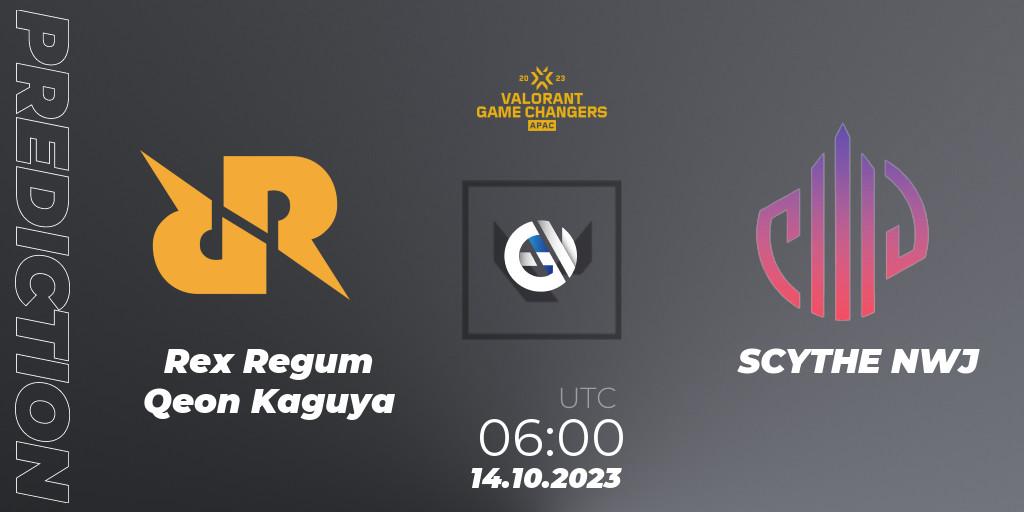 Rex Regum Qeon Kaguya contre SCYTHE NWJ : prédiction de match. 14.10.2023 at 06:00. VALORANT, VCT 2023: Game Changers APAC Elite