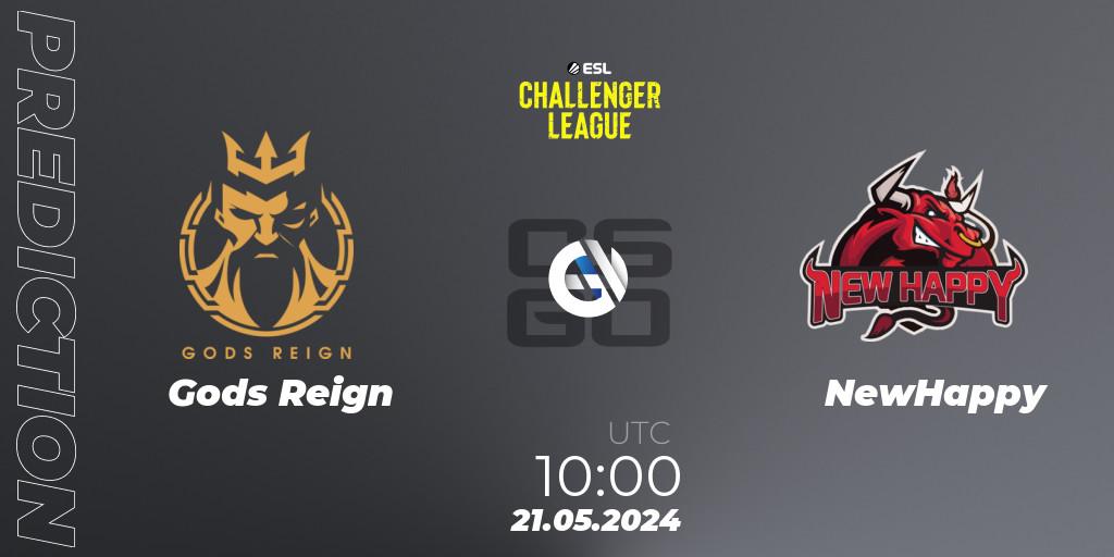 Gods Reign contre NewHappy : prédiction de match. 21.05.2024 at 08:00. Counter-Strike (CS2), ESL Challenger League Season 47: Asia