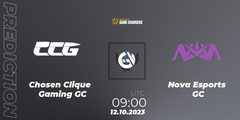 Chosen Clique Gaming GC contre Nova Esports GC : prédiction de match. 12.10.2023 at 09:00. VALORANT, VALORANT Champions Tour 2023: Game Changers China Qualifier