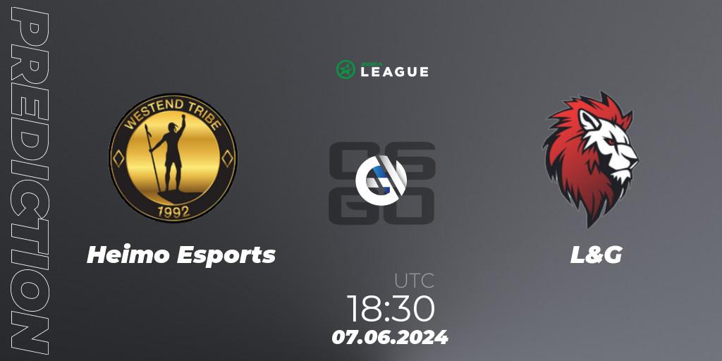 Heimo Esports contre L&G : prédiction de match. 06.06.2024 at 15:00. Counter-Strike (CS2), ESEA Season 49: Main Division - Europe