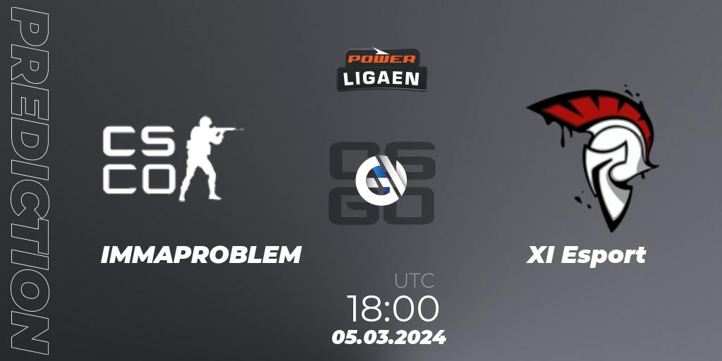 IMMAPROBLEM contre XI Esport : prédiction de match. 05.03.2024 at 18:00. Counter-Strike (CS2), Dust2.dk Ligaen Season 25
