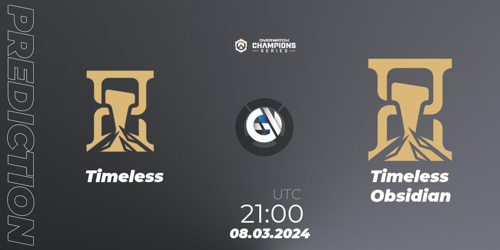 Timeless contre Timeless Obsidian : prédiction de match. 08.03.2024 at 21:00. Overwatch, Overwatch Champions Series 2024 - North America Stage 1 Group Stage