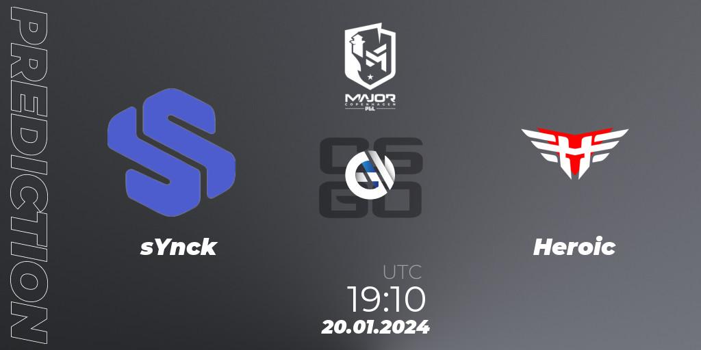 sYnck contre Heroic : prédiction de match. 20.01.2024 at 19:10. Counter-Strike (CS2), PGL CS2 Major Copenhagen 2024: European Qualifier B