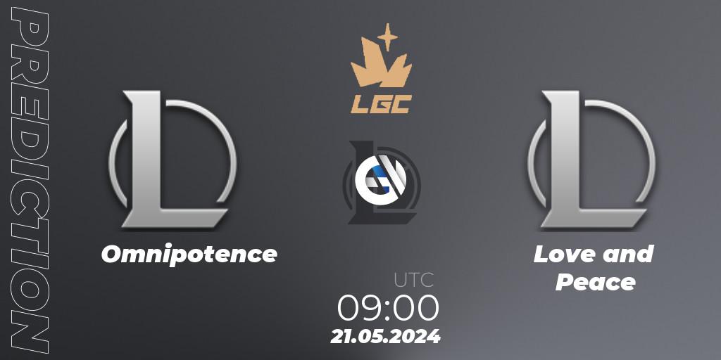 Omnipotence contre Love and Peace : prédiction de match. 21.05.2024 at 09:00. LoL, Legend Cup 2024