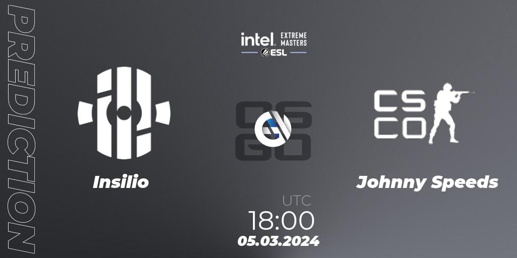 Insilio contre Johnny Speeds : prédiction de match. 05.03.2024 at 18:15. Counter-Strike (CS2), Intel Extreme Masters Dallas 2024: European Open Qualifier #2