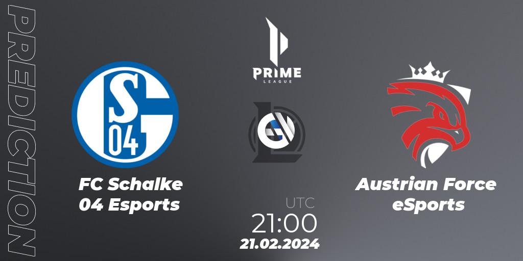 FC Schalke 04 Esports contre Austrian Force eSports : prédiction de match. 21.02.2024 at 21:00. LoL, Prime League Spring 2024 - Group Stage