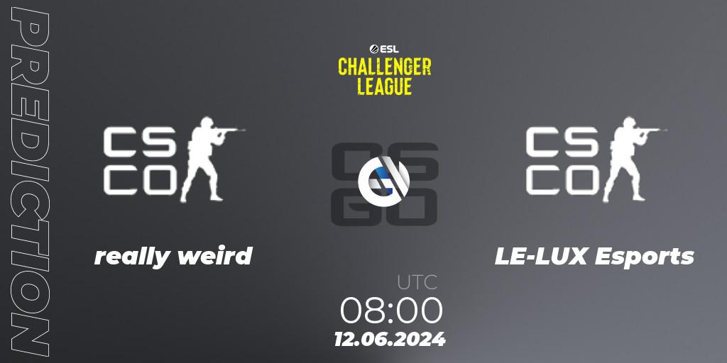 really weird contre LE-LUX Esports : prédiction de match. 12.06.2024 at 08:00. Counter-Strike (CS2), ESL Challenger League Season 47 Relegation: Oceania