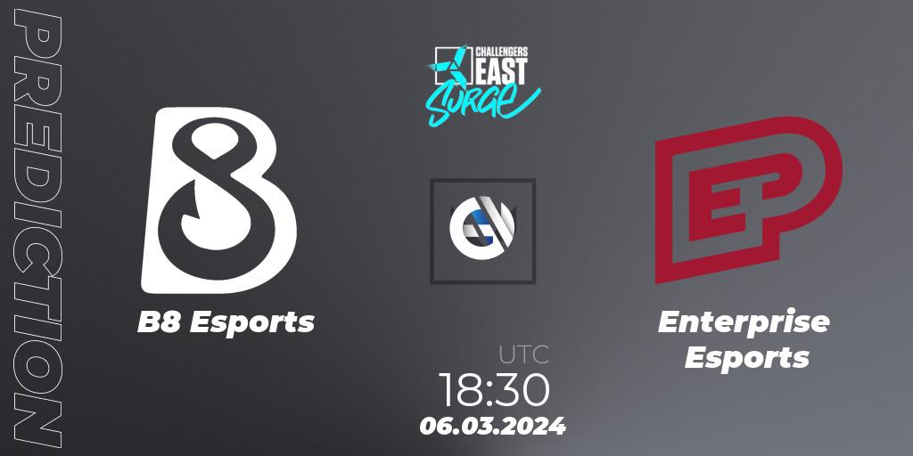 B8 Esports contre Enterprise Esports : prédiction de match. 06.03.2024 at 18:30. VALORANT, VALORANT Challengers 2024 East: Surge Split 1