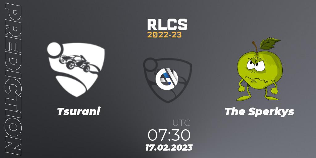 Tsurani contre The Sperkys : prédiction de match. 17.02.2023 at 07:30. Rocket League, RLCS 2022-23 - Winter: Oceania Regional 2 - Winter Cup
