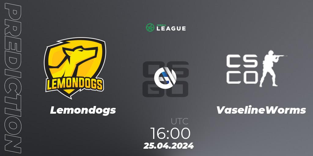 Lemondogs contre VaselineWorms : prédiction de match. 25.04.2024 at 16:00. Counter-Strike (CS2), ESEA Season 49: Advanced Division - Europe