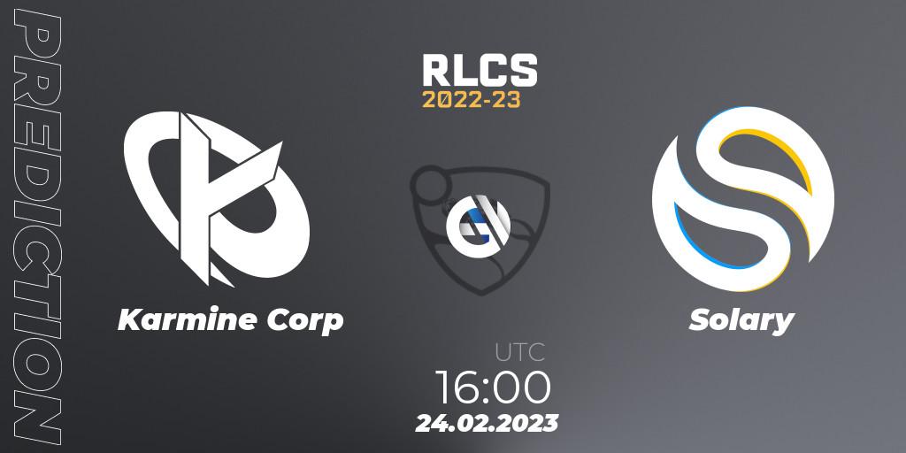 Karmine Corp contre Solary : prédiction de match. 24.02.2023 at 16:00. Rocket League, RLCS 2022-23 - Winter: Europe Regional 3 - Winter Invitational