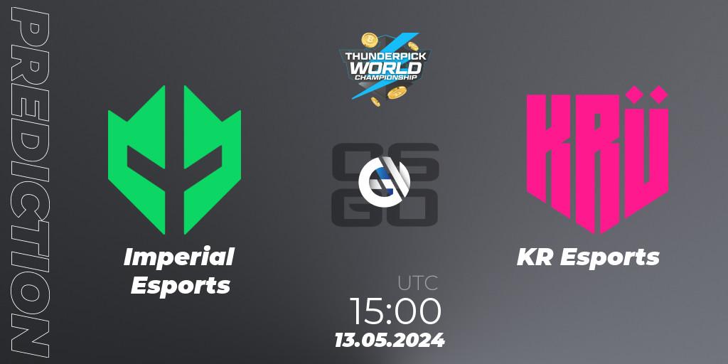 Imperial Esports contre KRÜ Esports : prédiction de match. 13.05.2024 at 15:00. Counter-Strike (CS2), Thunderpick World Championship 2024: South American Series #1