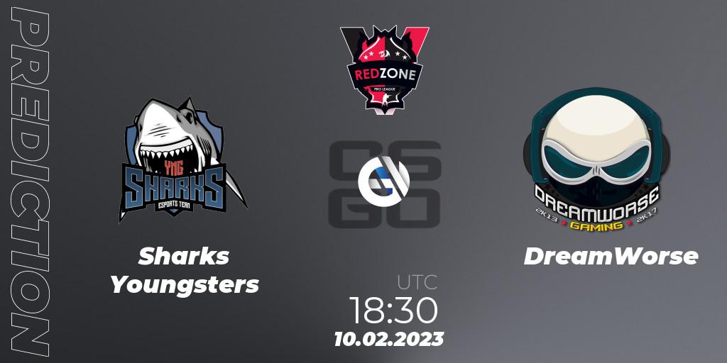 Sharks Youngsters contre DreamWorse : prédiction de match. 10.02.2023 at 18:30. Counter-Strike (CS2), RedZone PRO League 2023 Season 1