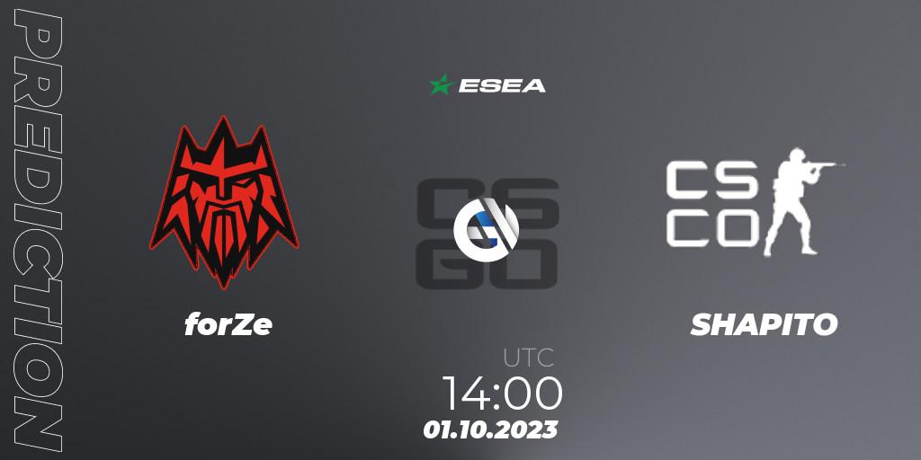 forZe contre SHAPITO : prédiction de match. 01.10.2023 at 14:00. Counter-Strike (CS2), ESEA Cash Cup: Europe - Autumn 2023 #1