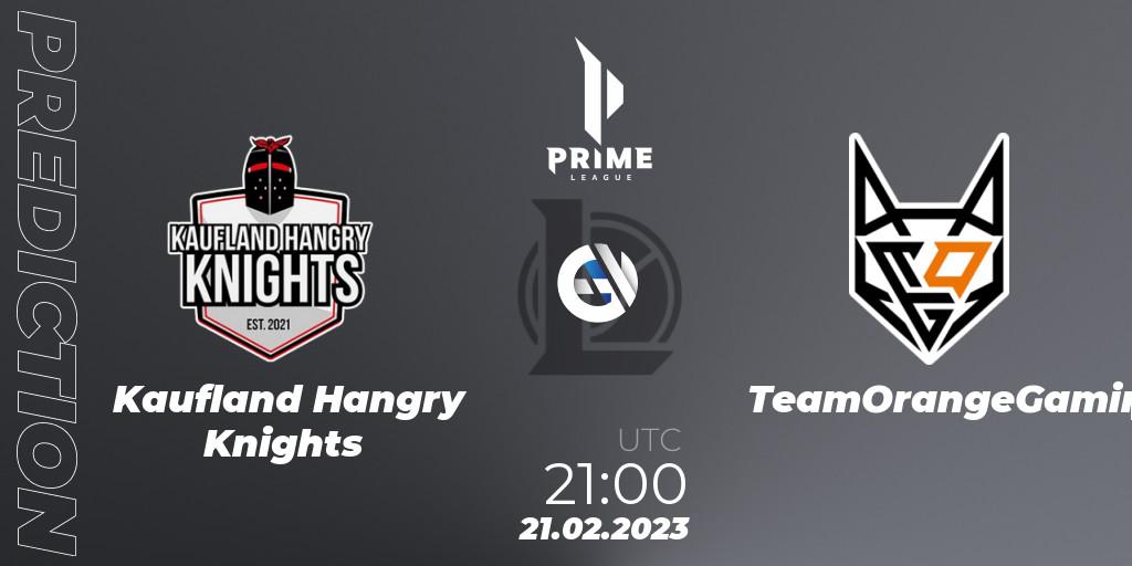 Kaufland Hangry Knights contre TeamOrangeGaming : prédiction de match. 21.02.2023 at 21:00. LoL, Prime League 2nd Division Spring 2023 - Group Stage