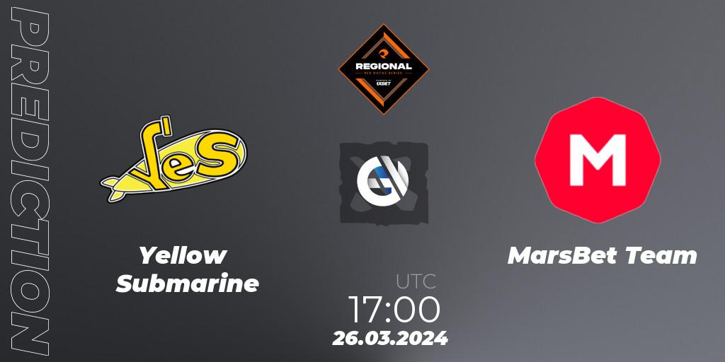 Yellow Submarine contre MarsBet Team : prédiction de match. 26.03.2024 at 18:00. Dota 2, RES Regional Series: EU #1