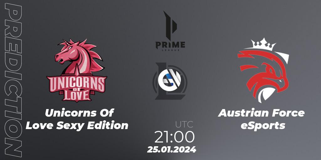 Unicorns Of Love Sexy Edition contre Austrian Force eSports : prédiction de match. 25.01.2024 at 21:00. LoL, Prime League Spring 2024 - Group Stage