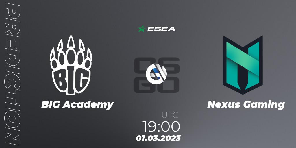 BIG Academy contre Nexus Gaming : prédiction de match. 03.03.2023 at 16:00. Counter-Strike (CS2), ESEA Season 44: Advanced Division - Europe