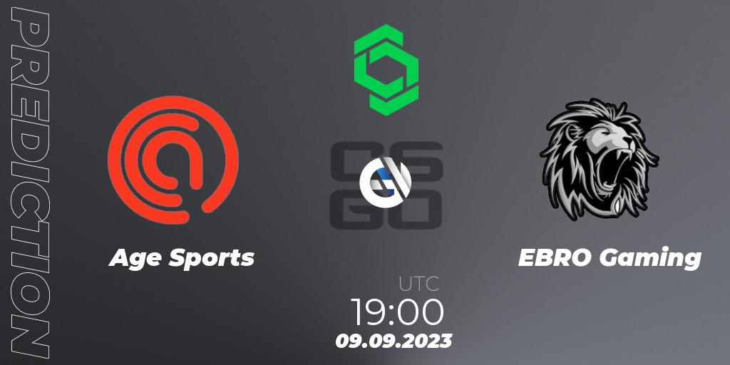 Age Sports contre EBRO Gaming : prédiction de match. 09.09.2023 at 19:30. Counter-Strike (CS2), CCT South America Series #11: Closed Qualifier