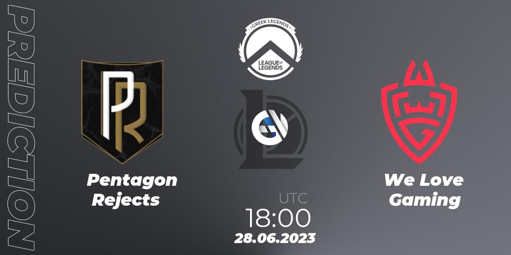 Pentagon Rejects contre We Love Gaming : prédiction de match. 28.06.2023 at 18:00. LoL, Greek Legends League Summer 2023