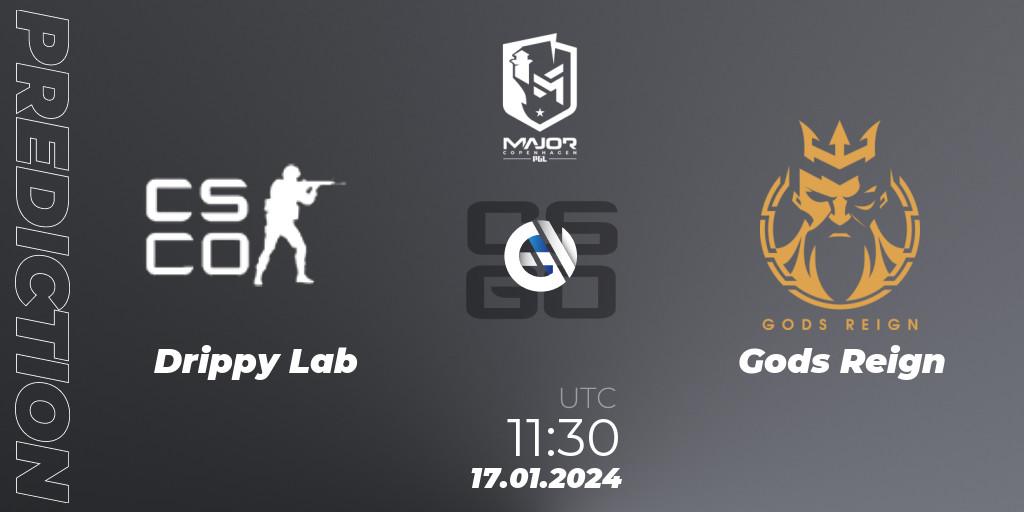 Drippy Lab contre Gods Reign : prédiction de match. 17.01.2024 at 11:35. Counter-Strike (CS2), PGL CS2 Major Copenhagen 2024 Asia RMR Open Qualifier