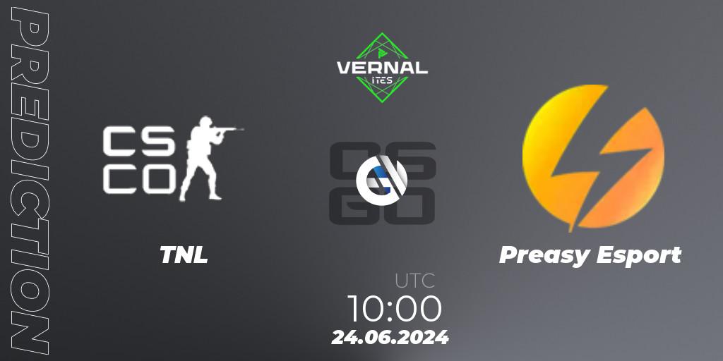 TNL contre Preasy Esport : prédiction de match. 24.06.2024 at 10:00. Counter-Strike (CS2), ITES Vernal