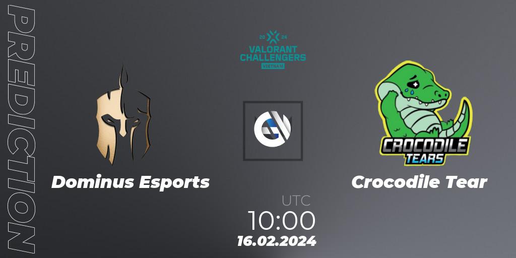 Dominus Esports contre Crocodile Tear : prédiction de match. 16.02.2024 at 10:00. VALORANT, VALORANT Challengers 2024 Vietnam: Split 1