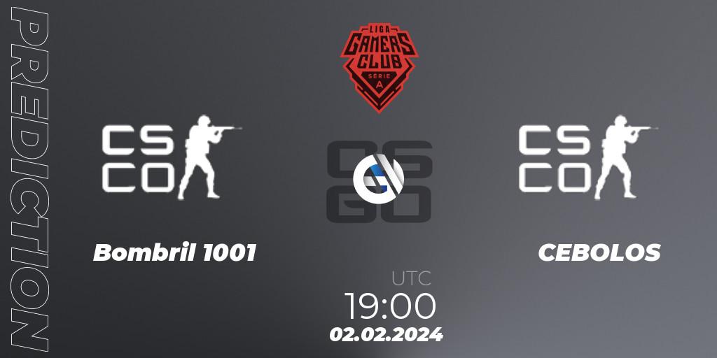 Bombril 1001 contre CEBOLOS : prédiction de match. 02.02.2024 at 19:00. Counter-Strike (CS2), Gamers Club Liga Série A: January 2024