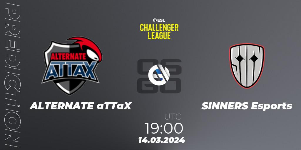 ALTERNATE aTTaX contre SINNERS Esports : prédiction de match. 13.03.2024 at 18:00. Counter-Strike (CS2), ESL Challenger League Season 47: Europe