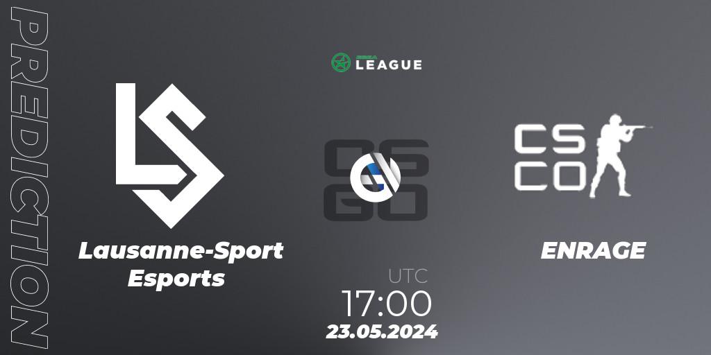 Lausanne-Sport Esports contre ENRAGE : prédiction de match. 23.05.2024 at 17:00. Counter-Strike (CS2), ESEA Season 49: Advanced Division - Europe