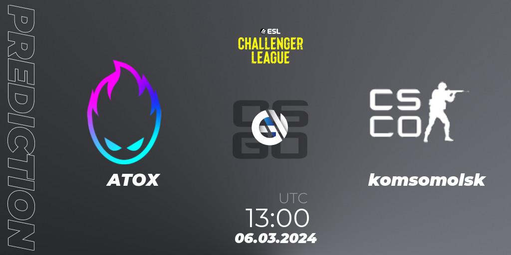 ATOX contre komsomolsk : prédiction de match. 06.03.2024 at 13:00. Counter-Strike (CS2), ESL Challenger League Season 47: Asia