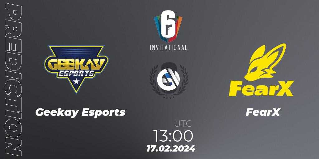 Geekay Esports contre FearX : prédiction de match. 17.02.2024 at 13:00. Rainbow Six, Six Invitational 2024 - Group Stage