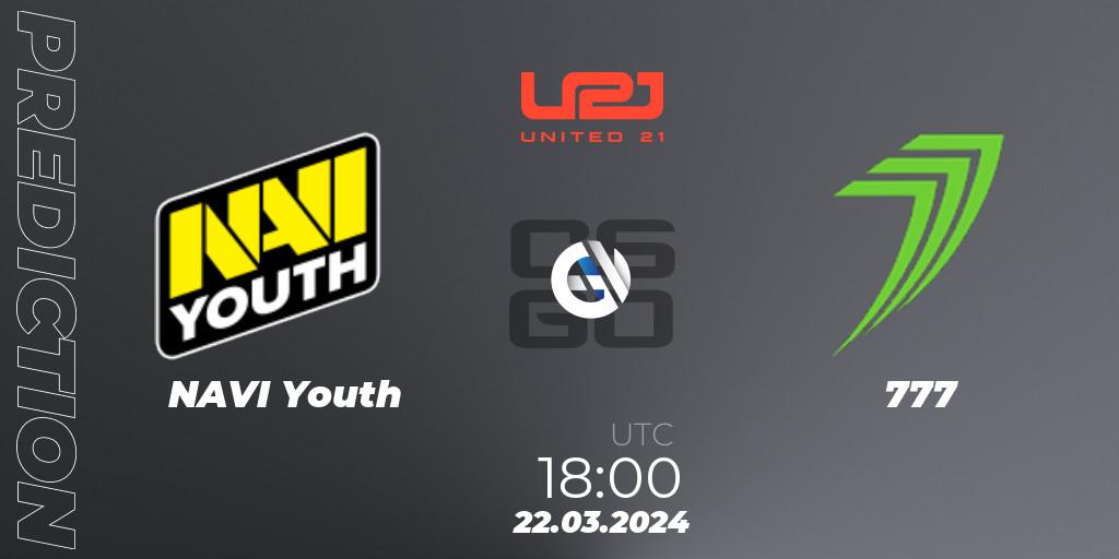 NAVI Youth contre 777 : prédiction de match. 22.03.2024 at 18:00. Counter-Strike (CS2), United21 Season 12: Division 2