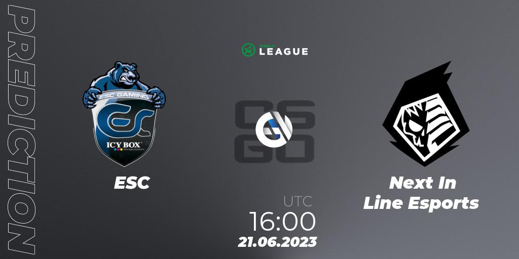 ESC contre Next In Line Esports : prédiction de match. 21.06.2023 at 16:00. Counter-Strike (CS2), ESEA Season 45: Open Division - Europe