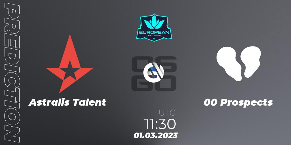 Astralis Talent contre 00 Prospects : prédiction de match. 01.03.2023 at 11:30. Counter-Strike (CS2), European Pro League Season 6