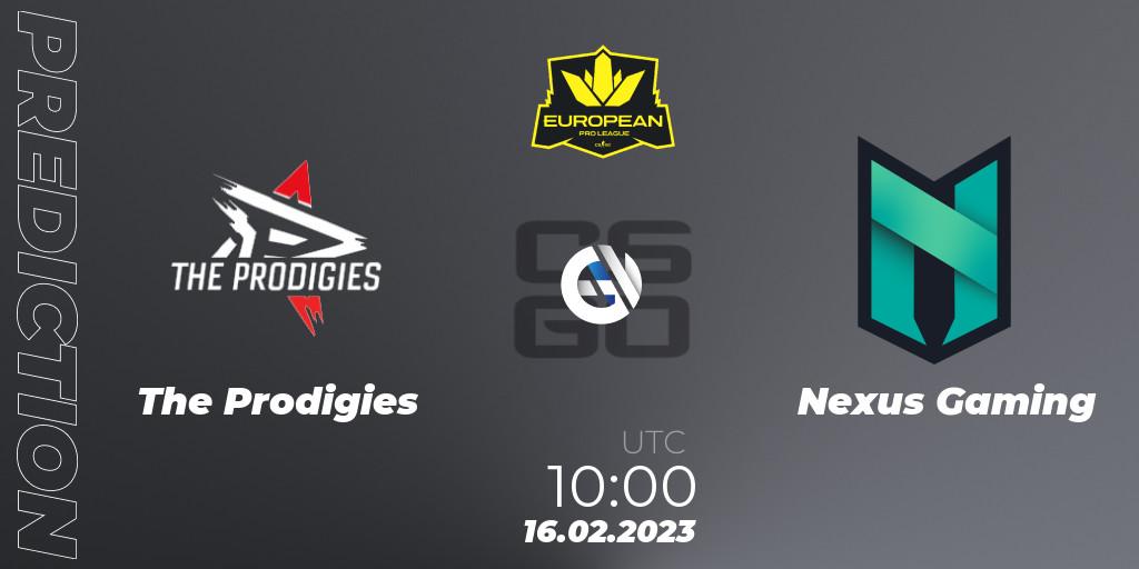 The Prodigies contre Nexus Gaming : prédiction de match. 16.02.2023 at 10:00. Counter-Strike (CS2), European Pro League Season 6: Division 2