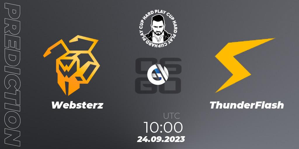 Websterz contre ThunderFlash : prédiction de match. 24.09.2023 at 10:00. Counter-Strike (CS2), Hard Play Cup #7