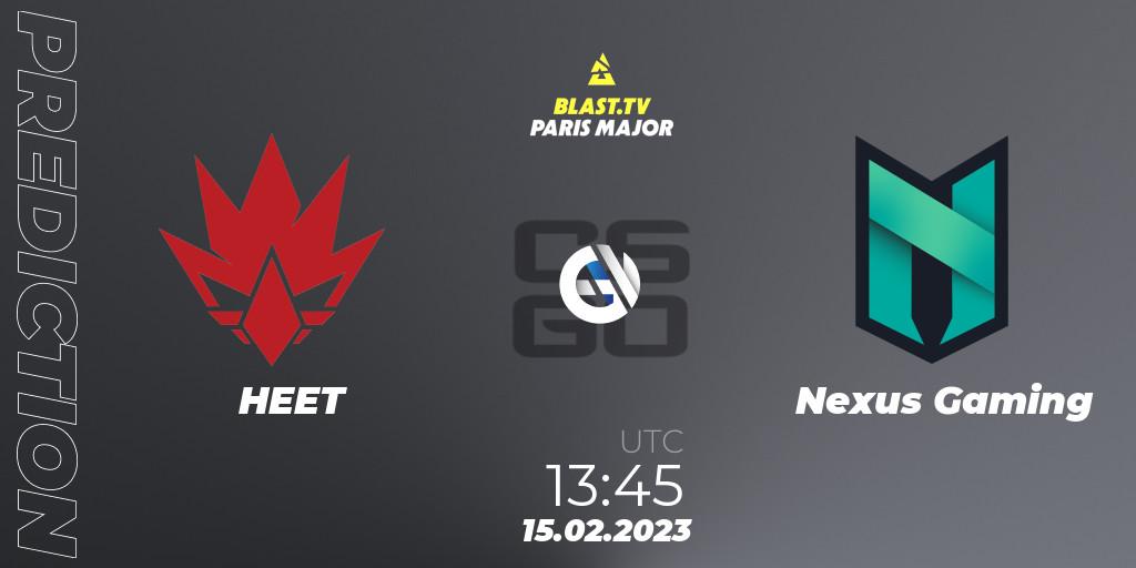 HEET contre Nexus Gaming : prédiction de match. 15.02.2023 at 13:45. Counter-Strike (CS2), BLAST.tv Paris Major 2023 Europe RMR Open Qualifier 2