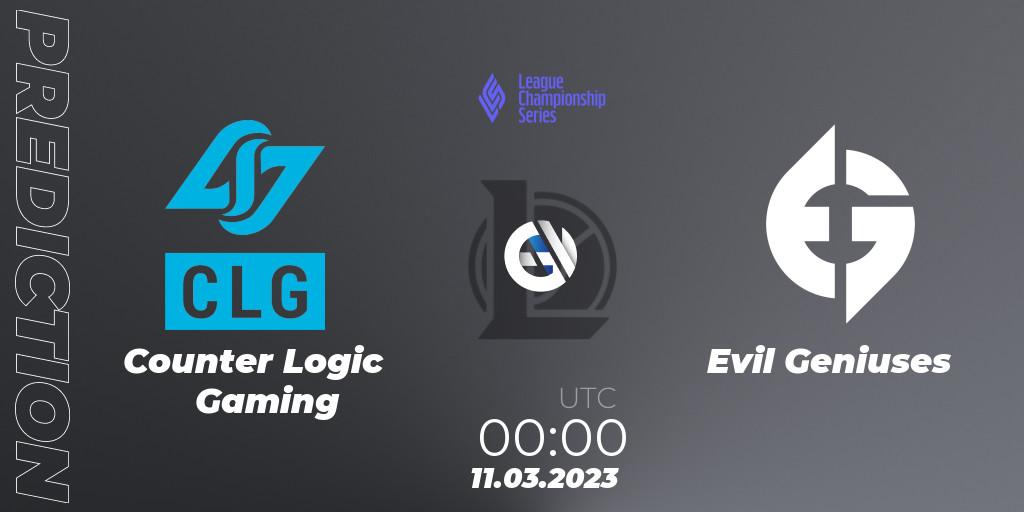 Counter Logic Gaming contre Evil Geniuses : prédiction de match. 11.03.23. LoL, LCS Spring 2023 - Group Stage