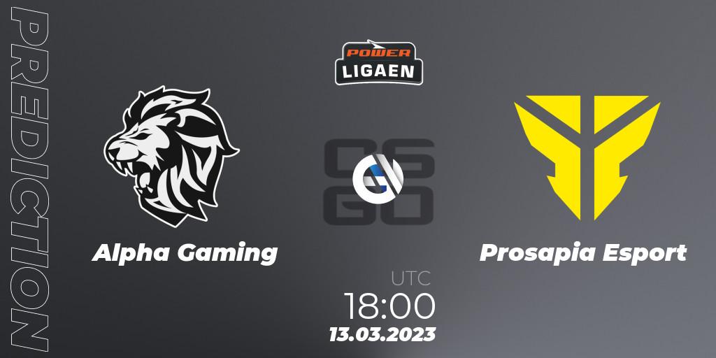 Alpha Gaming contre Prosapia Esport : prédiction de match. 13.03.2023 at 18:00. Counter-Strike (CS2), Dust2.dk Ligaen Season 22