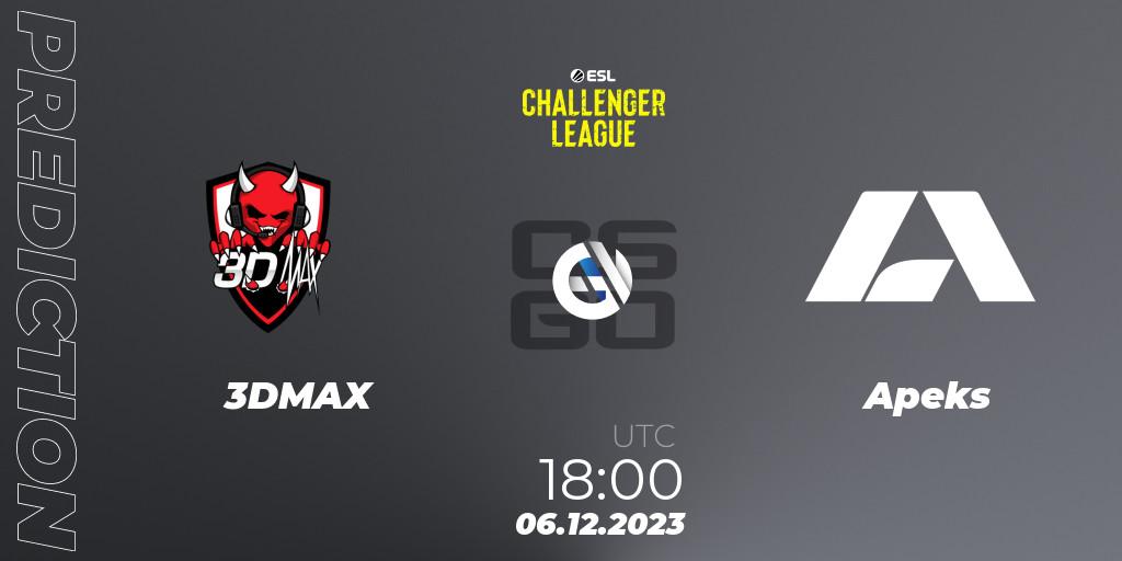 3DMAX contre Apeks : prédiction de match. 06.12.2023 at 18:00. Counter-Strike (CS2), ESL Challenger League Season 46: Europe