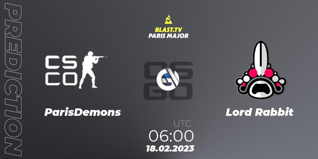 ParisDemons contre Lord Rabbit : prédiction de match. 18.02.2023 at 06:00. Counter-Strike (CS2), BLAST.tv Paris Major 2023 China RMR Closed Qualifier