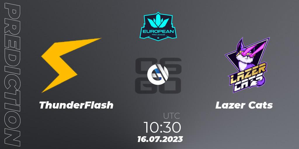 ThunderFlash contre Lazer Cats : prédiction de match. 16.07.2023 at 10:30. Counter-Strike (CS2), European Pro League Season 9
