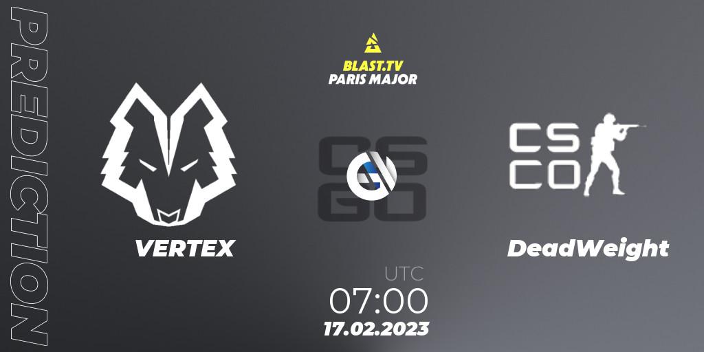VERTEX contre DeadWeight : prédiction de match. 17.02.2023 at 07:00. Counter-Strike (CS2), BLAST.tv Paris Major 2023 Oceania RMR Closed Qualifier