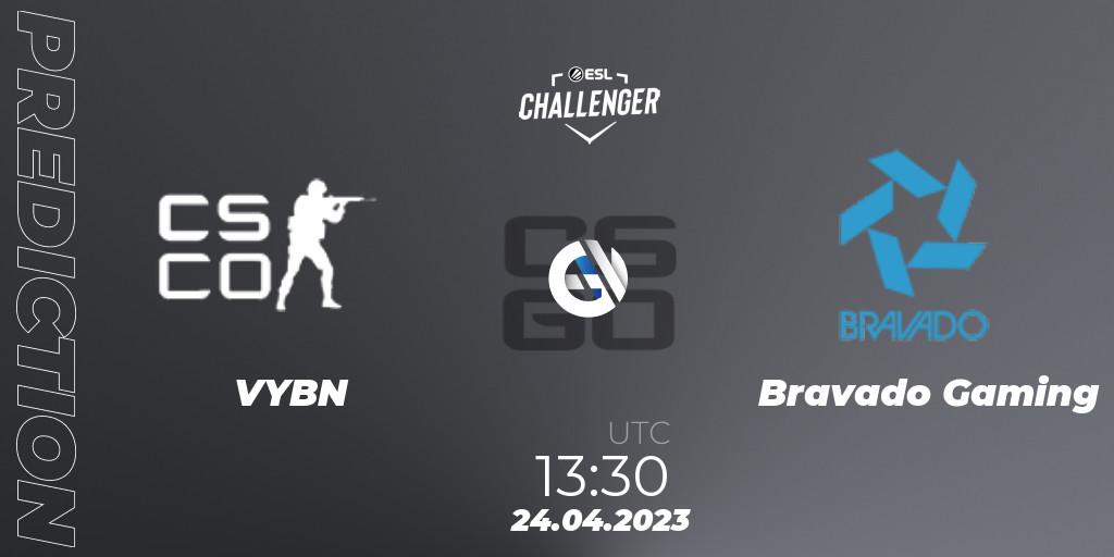 VYBN contre Bravado Gaming : prédiction de match. 24.04.2023 at 13:30. Counter-Strike (CS2), ESL Challenger Katowice 2023: South African Qualifier
