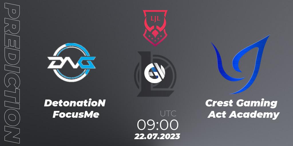 DetonatioN FocusMe contre Crest Gaming Act Academy : prédiction de match. 22.07.2023 at 09:00. LoL, LJL Summer 2023