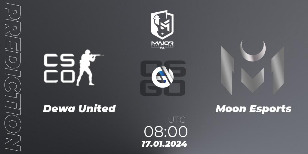 DEWA United contre Moon Esports : prédiction de match. 17.01.2024 at 08:00. Counter-Strike (CS2), PGL CS2 Major Copenhagen 2024 Asia RMR Open Qualifier
