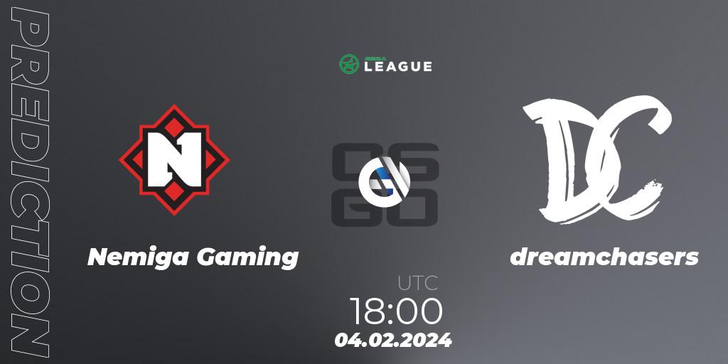Nemiga Gaming contre dreamchasers : prédiction de match. 04.02.2024 at 18:00. Counter-Strike (CS2), ESEA Season 48: Advanced Division - Europe